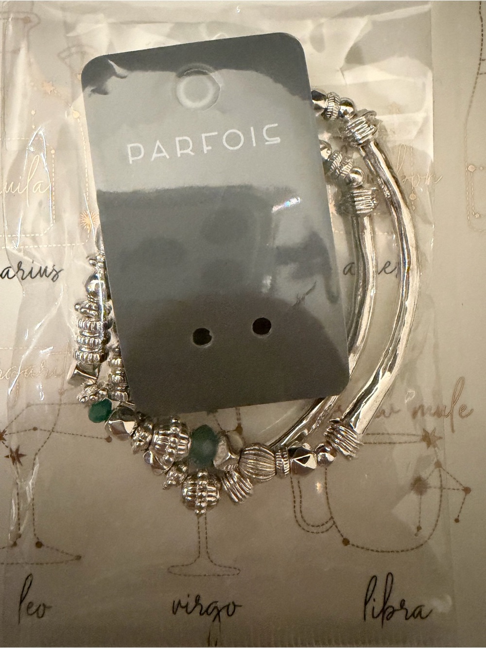 Parfois Silver Tone Beaded Double Bracelet with Green Accents